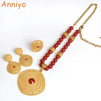 

Anniyo New Ethiopian Black/Red/Green Bead Necklace Earrings Ring Women African Rosary Chain Jewelry Eritrea Wedding Gift #070806