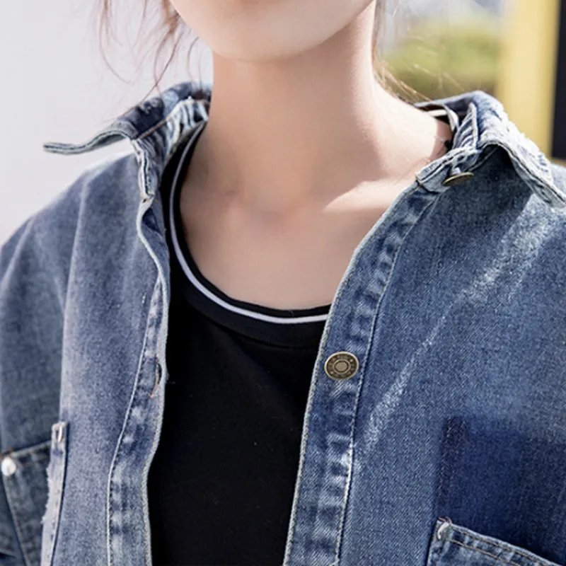 Autumn Boyfriend Style Jeans Jacket Woman Character Patch Tassel Denim Long Coat Female Streetwear Hole Women's Denim Jacket