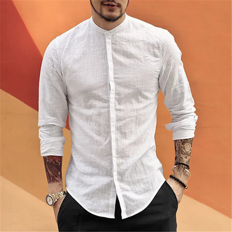 Повседневное мандарин рубашка с воротником Для мужчин из хлопка и льна дизайнерский бренд Slim Fit Мужские рубашки с длинным рукавом БЕЛЫЕ