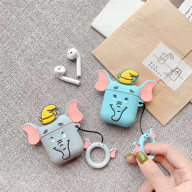 

For AirPods Case Cute Cartoon Elephant Earphone Cases For Apple Airpods 2 Funny Accessories Protect Cover with Finger Ring Strap