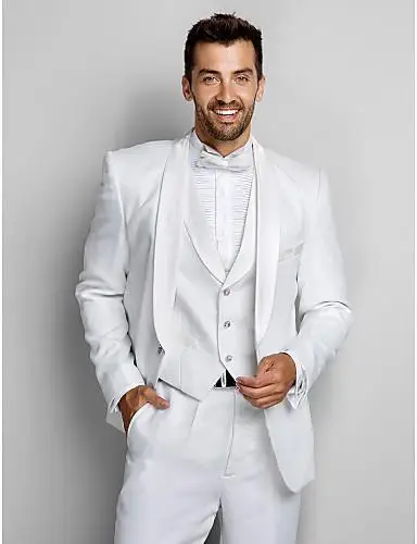 Shawl Collar Classic White Men Suits Groomsmen Tuxedos For Beach Wedding Men's Casual Party Wear (Jacket+Pants+Vest+Bow)