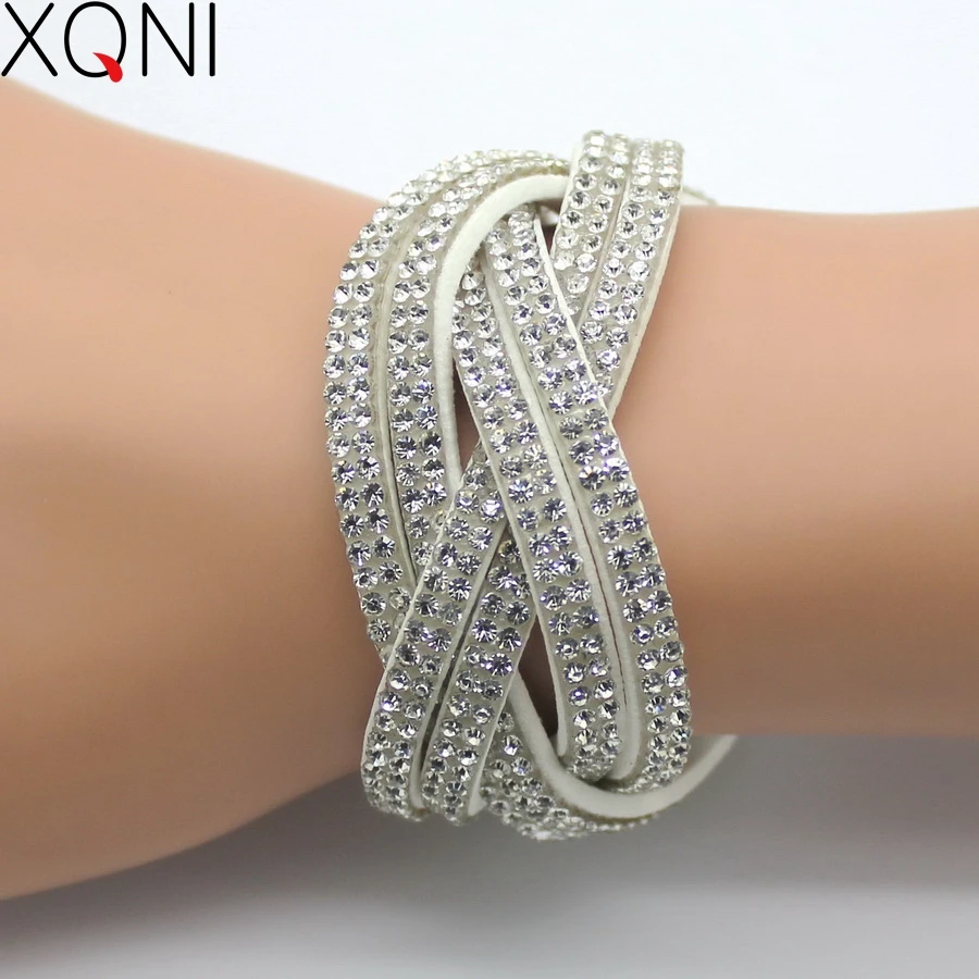 

XQNI Brand Jewelry Crystal Leather Women Bracelets Fashion Mosaic Brand Rhinestone Braided Charm Bracelet Female Bangles
