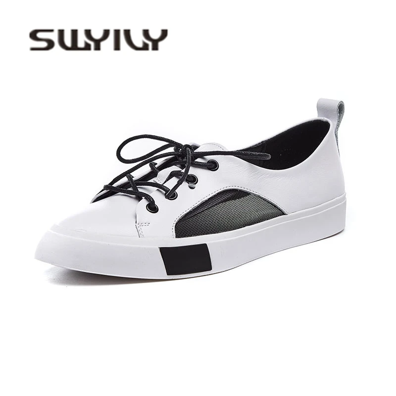 SWYIVY White Shoes Sneakers Woman Breathable Mesh Genuine Leather Lady Casual Shoes Flat Pointed Toe Comfortable Sneakers Nice
