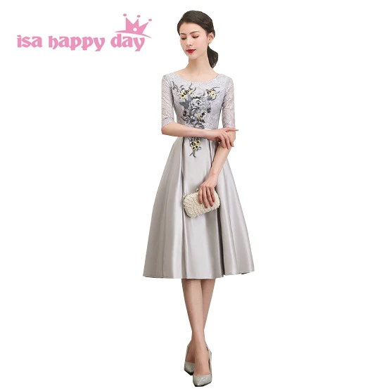 

women short lace satin pretty sleeved bridesmaid gray bridemaid dress tea length party dresses for wedding guests H4287