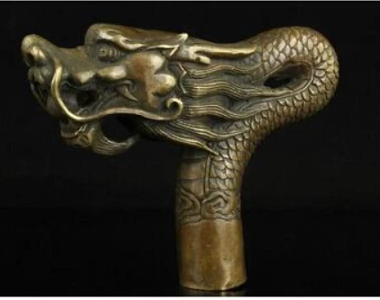 Pure Copper Brass Grandpa Good Lucky China Old Handwork Carving Bronze Dragon Statue Cane Head Walking Stick 2