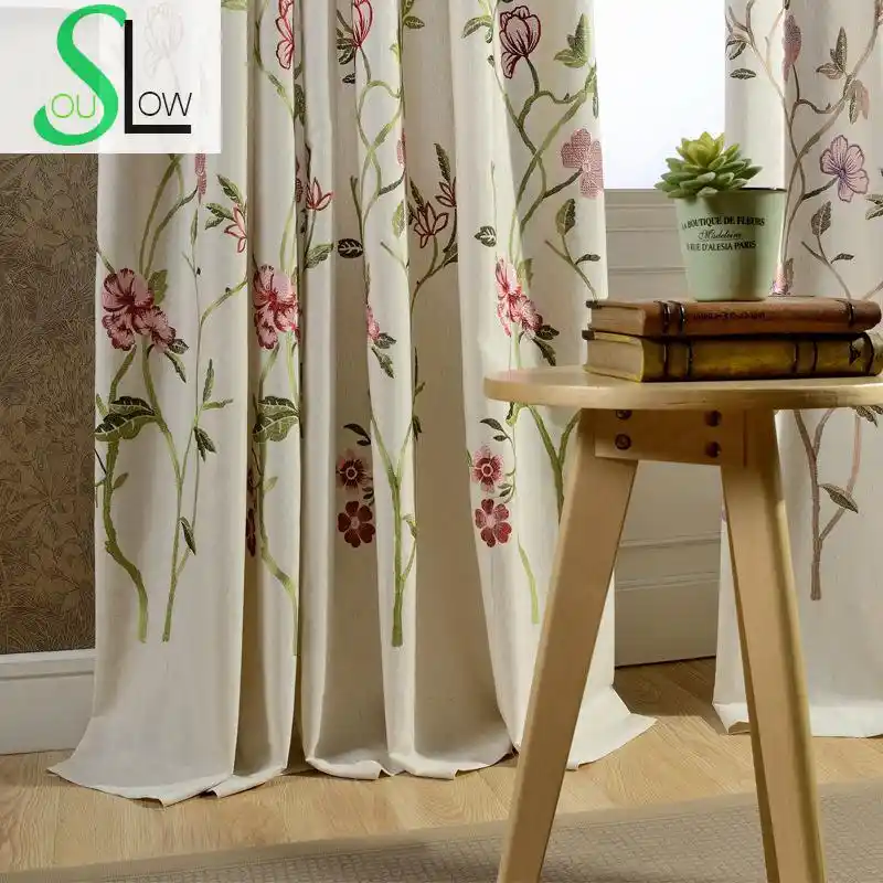 Flowers Cotton Embroidery Curtain Fabric Study Room Curtains