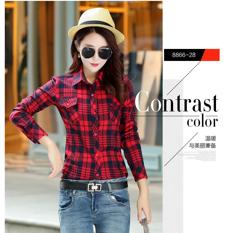 Blusa xadrez de flanela feminina, camisa casual