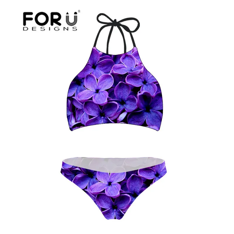 

FORUDESGINS Swimming Suit for Women Lilac Flower Printing Women Swimwear Plus Size Bathing Suits Female Swimsuit Bikini Set 2019