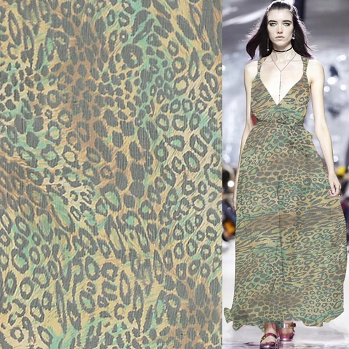 

Pure silk chiffon silk fabric green and yellow abstract leopard print,SCF087
