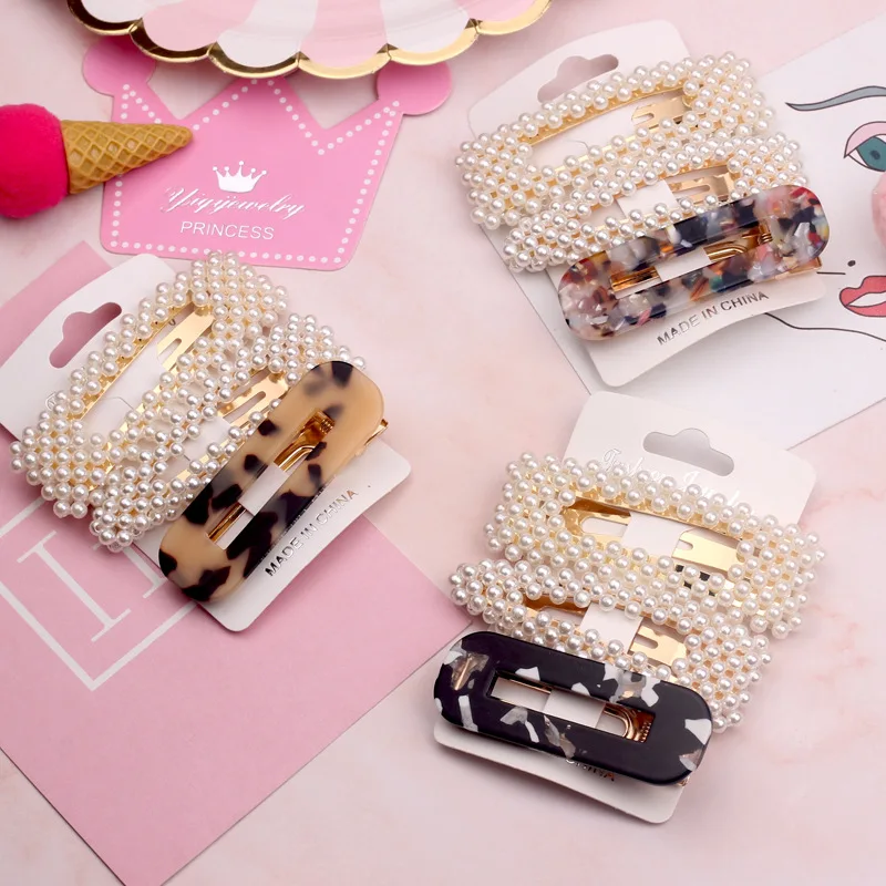 

2019 New 1 Set INS Fashion Women Girls Hair Clips Pearls Acetate Geometric Sweet Hairpins Barrettes Headband Hair Accessories
