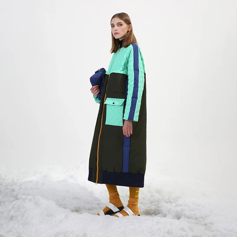 

Original Design women clothing color patchwork casual baseball collar loose long white duck down jacket coat winter