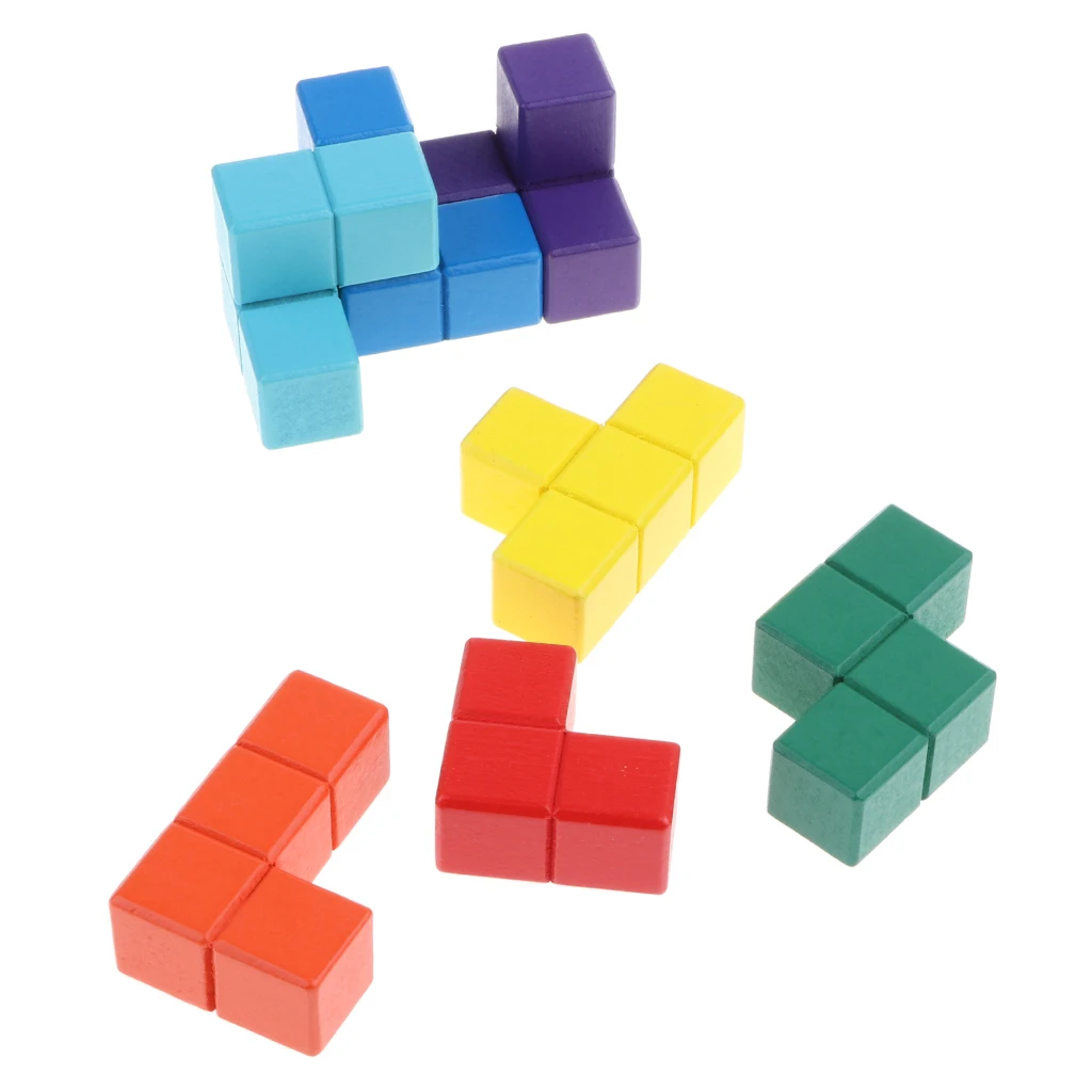 Colorful Wood Puzzles Box Wooden Soma Cube Stacking Games with 7 Colorful Bricks Brain Teasers Toy