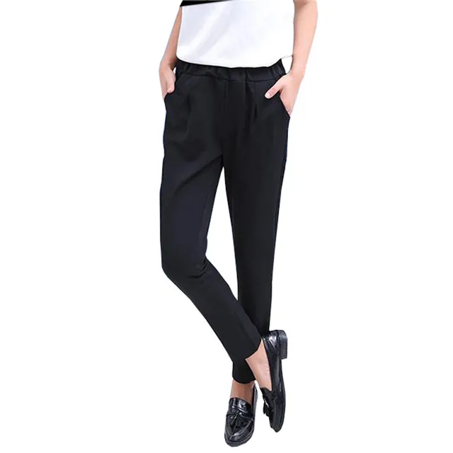 2017 Pleated Pant Woman Slacks Loose Small Leg Pants Women Pantalones With Fake Pockets Trousers Elastic Waist Female Black K173 1