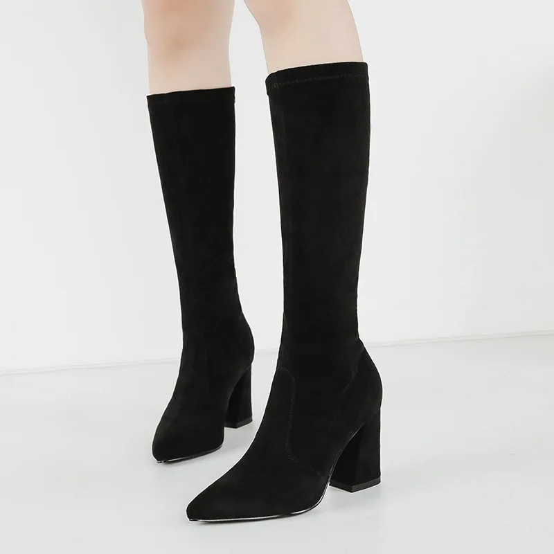 

Sexy Block Heels Faux Suede Boots Women's Winter Shoes New 2018 Mid Calf High Heel Riding Boots Ladies Stretch Booties Slip on