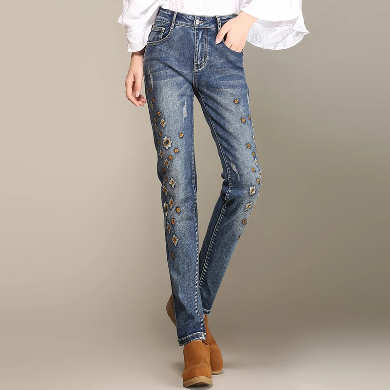 Pencil pants for women plus size embroidery jeans denim
