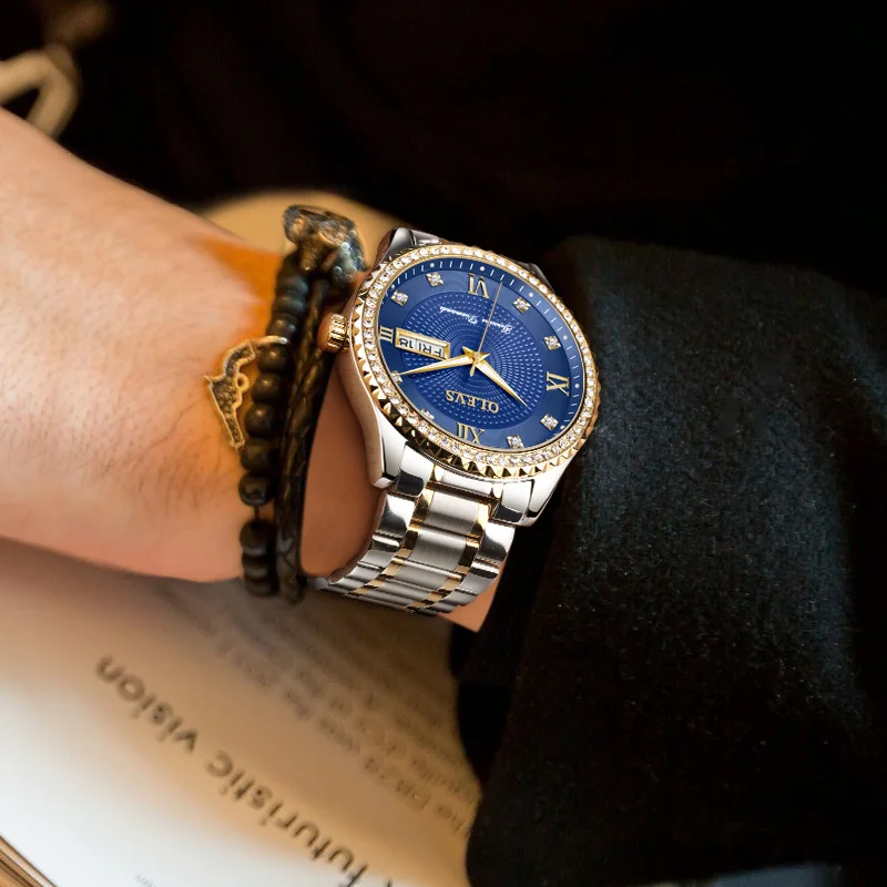 Ceny OLEVS luksusowe złoty diament mężczyźni zegarki Top marka świecąca tarcza stalowa bransoletka Watchband data mężczyzna zegar biznes zegarek 6618