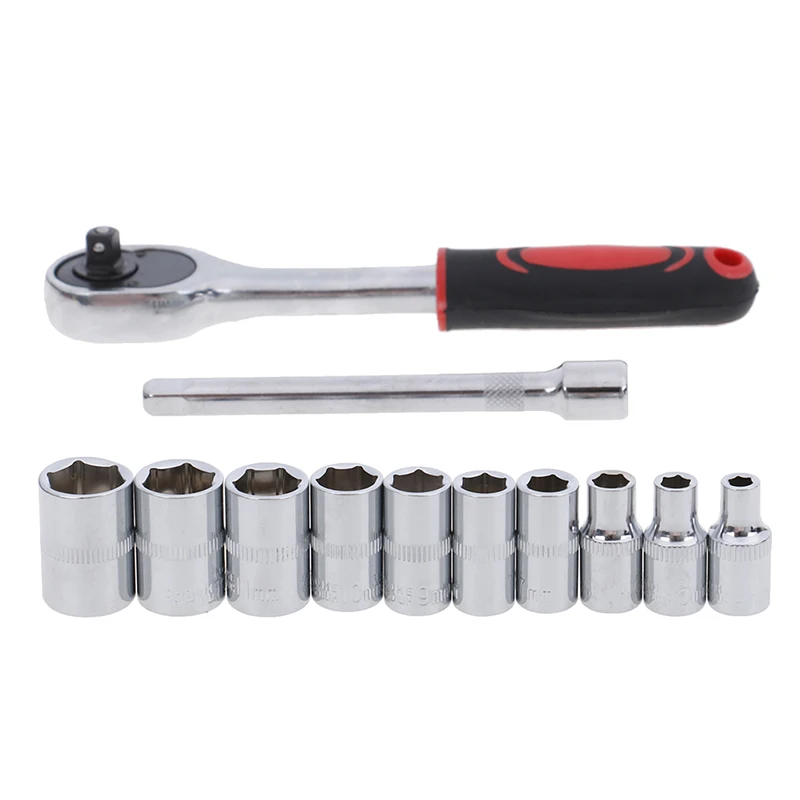 12pcs Hot 1/4-inch Socket Wrench Set CR-V Drive Ratchet Wrench Chromium-vanadium Steel Spanner Repair Tool