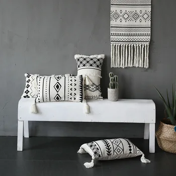 

DUNXDECO Cushion Cover Decorative Waist Pillow Case Nordic Geometric White Black Lines Tufted Tassels Modern Sofa Chair Cousin