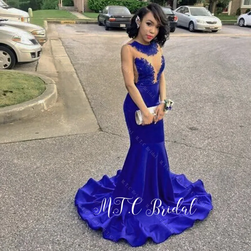 

Royal Blue Backless Arabic Evening Dress 2019 Sheer See Through Elastic Satin Mermaid Long Prom Gowns Custom Made Party Dresses