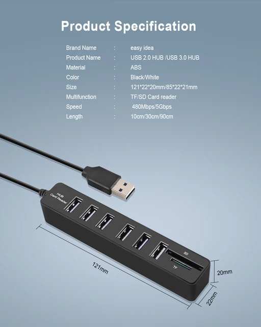 Adaptador expansor de puerto USB 3/6, divisor múltiple USB 2,0, estación de  acoplamiento, SD, lector de tarjetas TF para PC - AliExpress