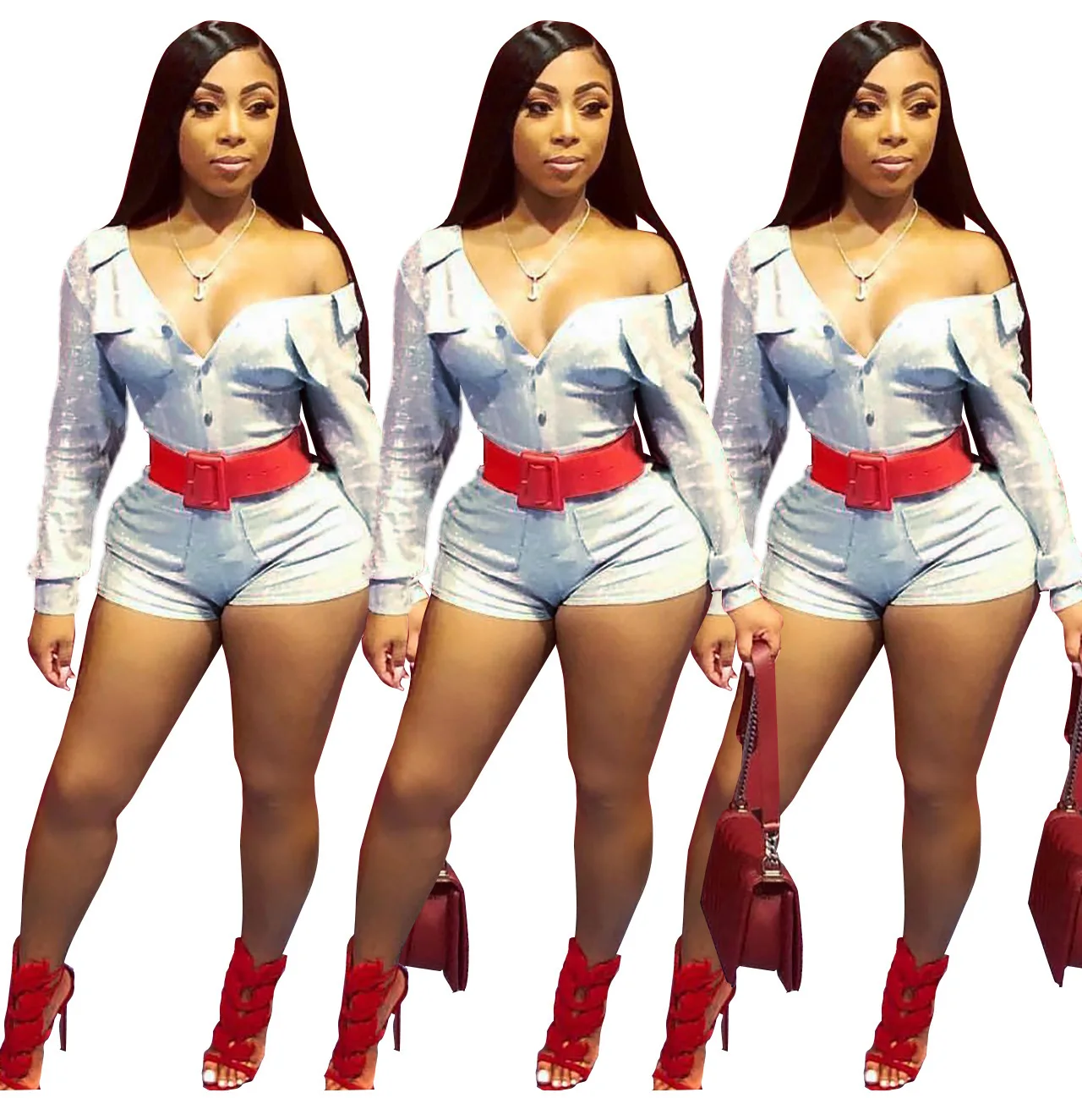 

2019 hot selling women fashion clothes Sequined cloth tooling V-neck jumpsuit Solid Casual playsuits ZH 1028
