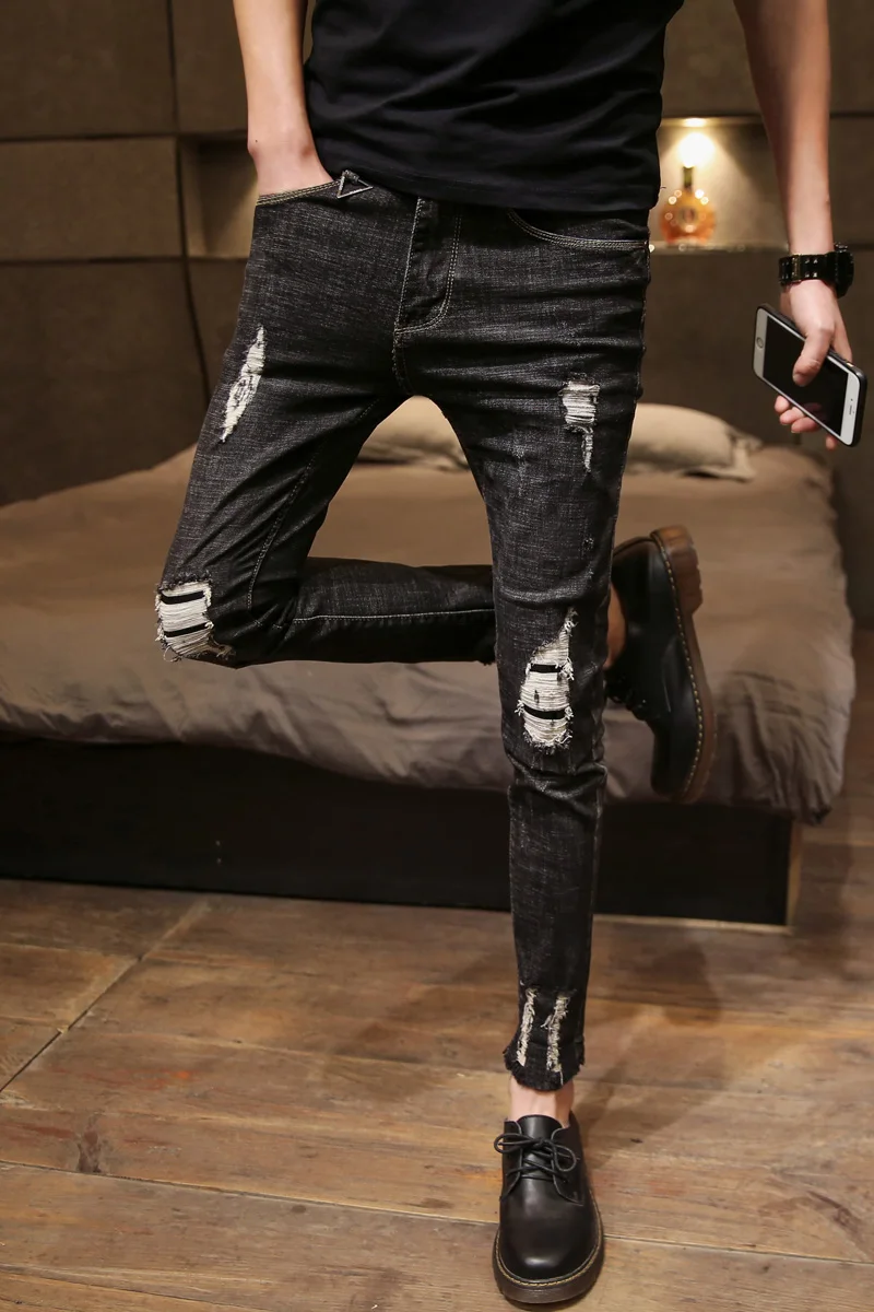 Новые весенние мужские повседневные джинсы ретро черные узкие брюки с дырками ноги мужские джинсы подростковые эластичные джинсы мужские
