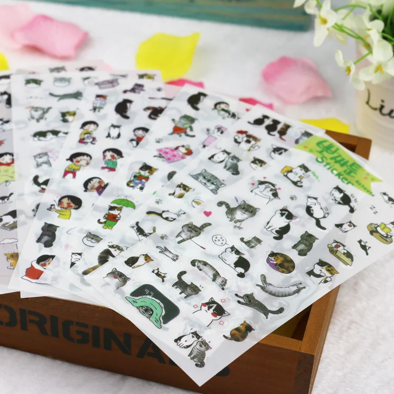 

Creative transparent PVC stickers cute black and white cat photo album decorative stickers child DIY toy 6sheets/set