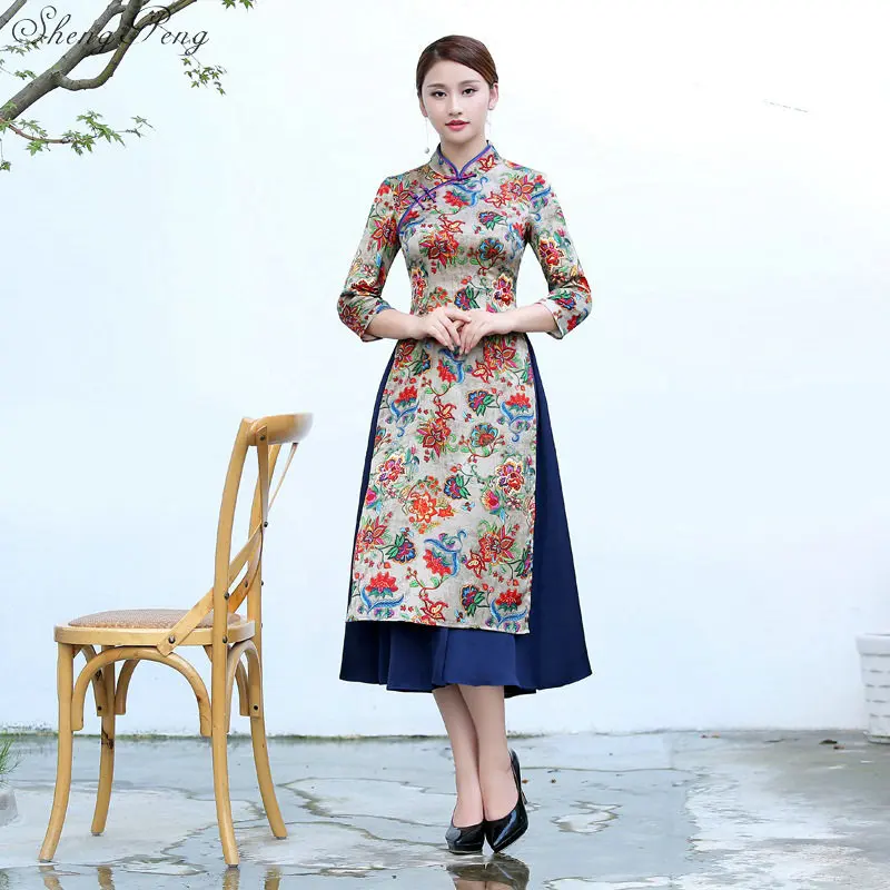 Вьетнамский аозай тонкие длинные традиционный ченсам китайский женское платье Новинка китайский воротник Qipao цветочный V1376