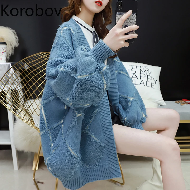 

Korobov Korean Preppy Style Thick Women Sweater Tassel Patchwork V Neck Sueter Mujer Knitted Oversize Long Sleeve Cardigan 78263