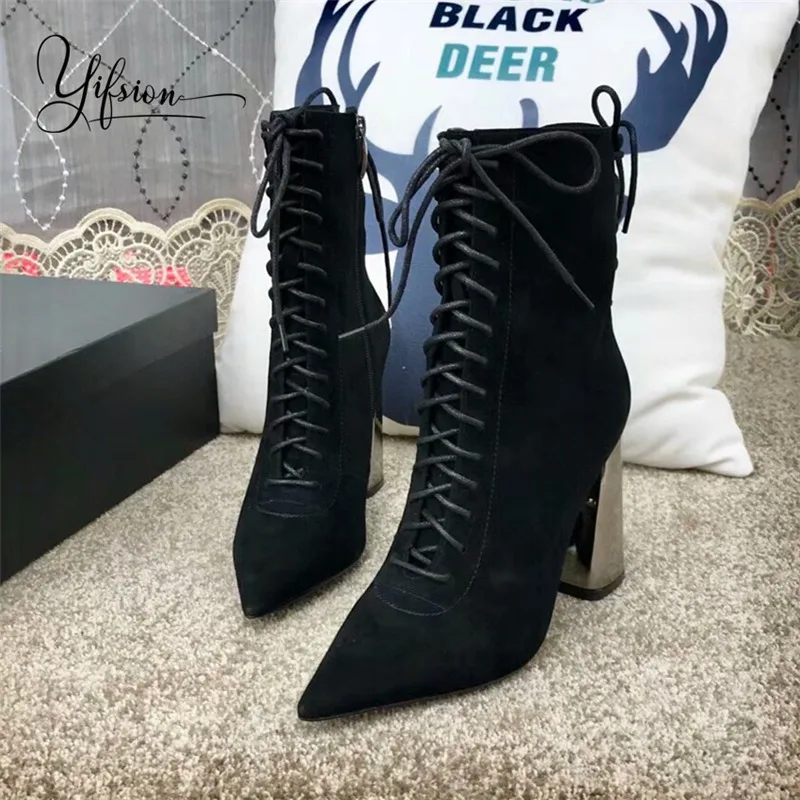 

OLOME Fashion Black Genuine Leather Women Ankle Boots Pointed Toe Cross Tied Thick High Heel Women Autumn Boots Shoes Woman