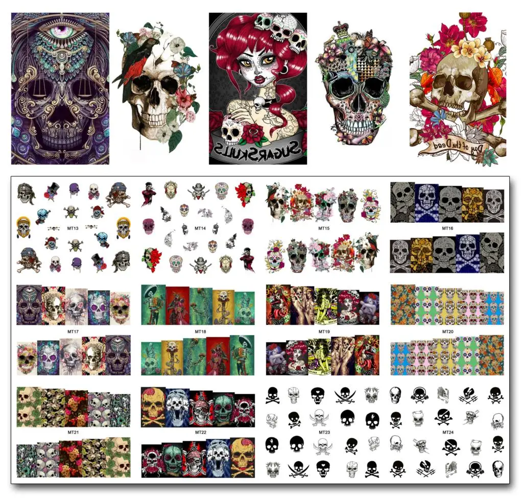 

New 12 Sheets/Lot Nail MT13-24 Mix Skull Fashion Nail Art Water Transfer Decal Sticker For Nail Art Tattoo (12 DESIGNS IN 1)