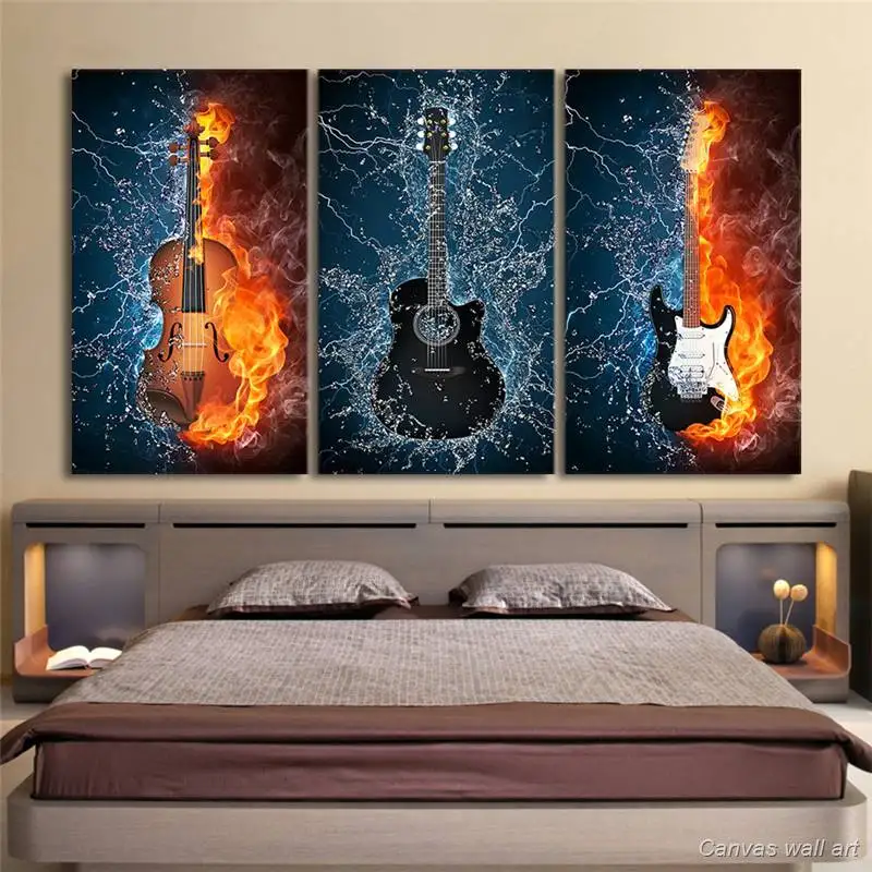 

Hd Print 3 Panels Canvas Art Black Burning Fire Guitar Music Painting Room Decor Canvas Wall Art Posters Picture -92890-YP