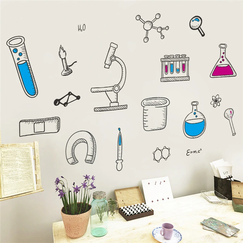 Autocollants Muraux De Laboratoire Scientifique Dessin Anime Pour Salle De Classe Salle D Etude Chambre D Enfants Decoration De Maison Bricolage Fresque D Art Aliexpress