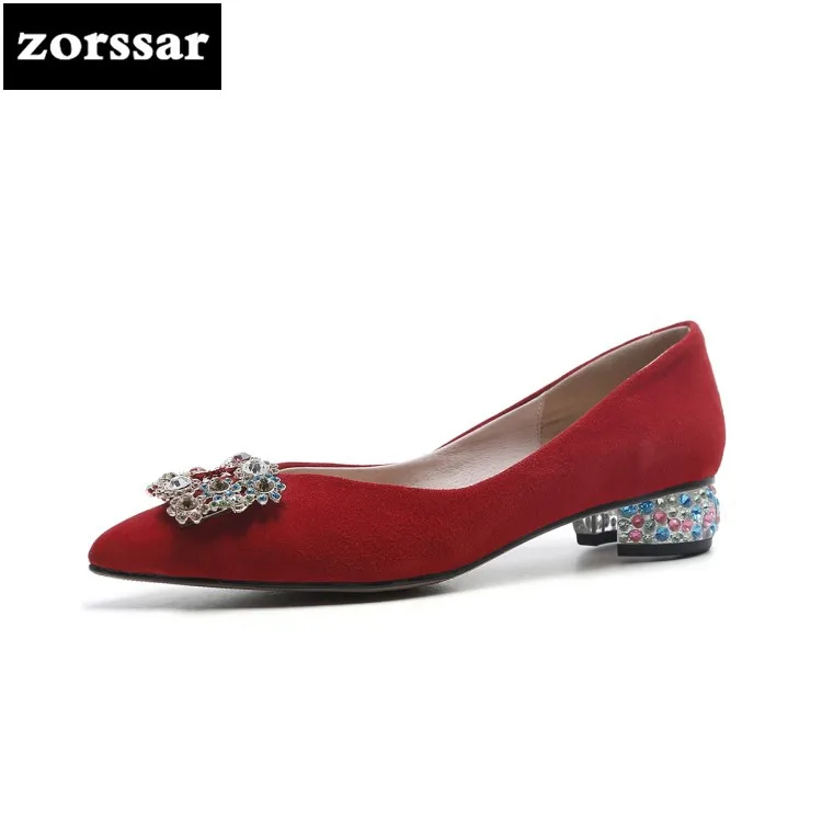 

{Zorssar} 2018 Spring New fashion Rhinestone Suede womens High heels Pointed toe low heel shoes pumps ladies casual shoes