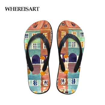 

WHEREISART House Men's Flip Flops Beach Shoes Outside Village Painting Sandals Flops Sandals Man Summer Simple Design Flop