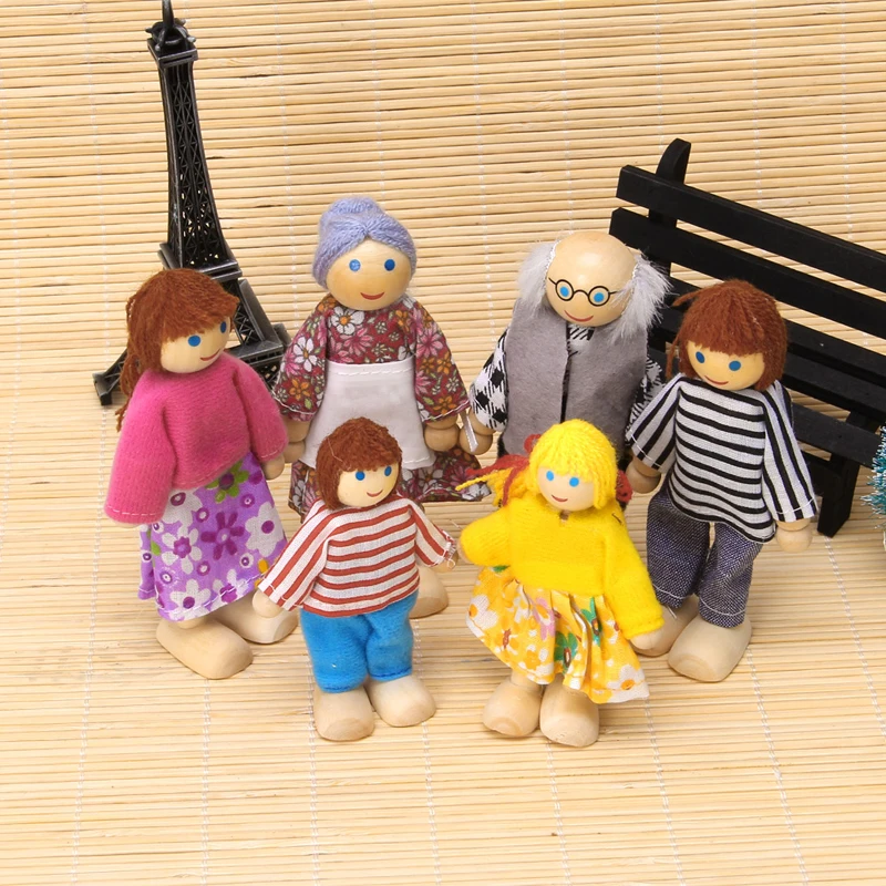6 PCS Children Baby Wooden Puppet Doll Toys Lovely Family Playing
