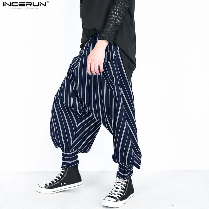 Повседневное Boho Стиль Для мужчин шаровары полоса печати хип-хоп длинные брюки широкие брючины низкая падения промежность мешковатые штаны