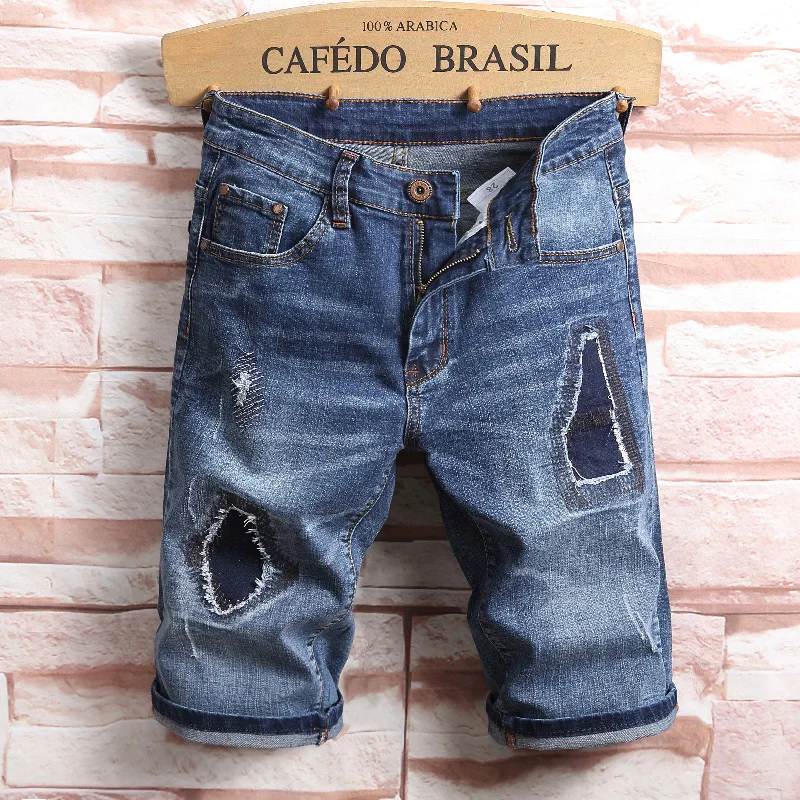 Deals 2018 Summer Europeans Style Men Patchwork Blue Denim Slim Shorts Scratched Casual Man Personal Street Fashion Jeans Short
