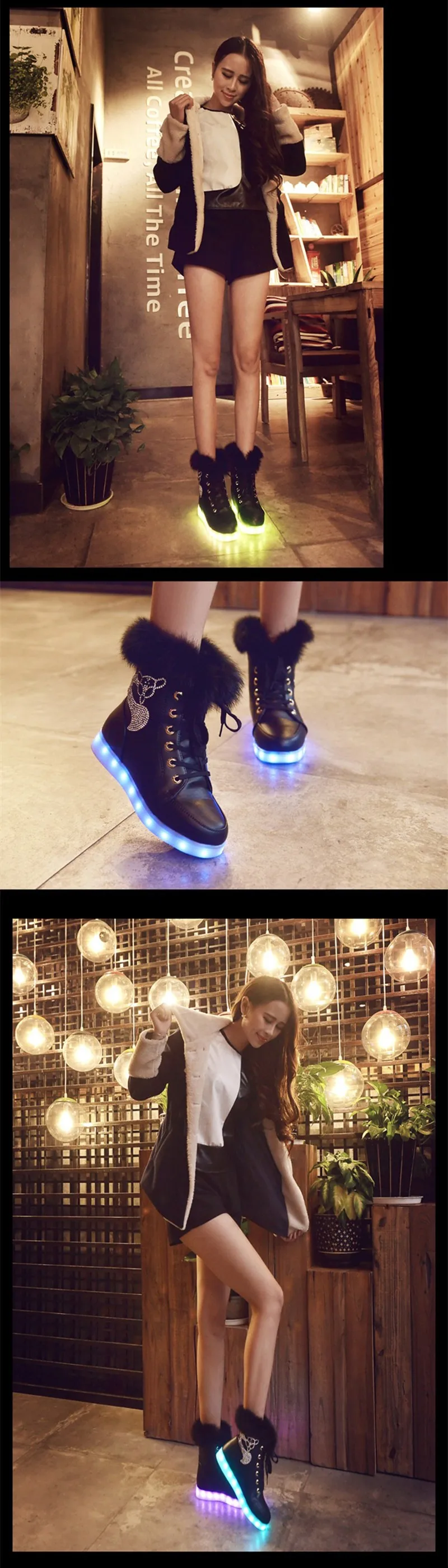 Светодиодный обувь светящиеся туфли Качественная разноцветная обувь с светодиодными индикаторами унисекс Повседневная обувь Теплые ботинки на кроличьем меху