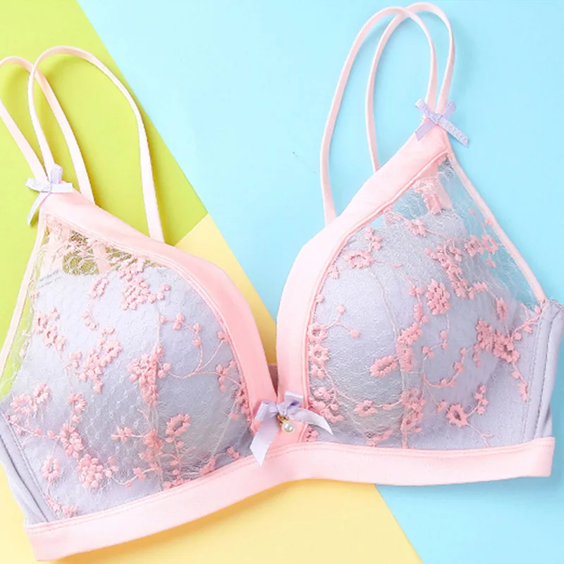 GUMPRUN Elegant Women Bra Set Wire Free Embroidery Floral Bra Panties Set Net Yarn Stitching Cute Bow Lingerie Suit Underwear GUMPRUN Elegant Women Bra Set Wire Free Embroidery Floral Bra Panties Set Net Yarn Stitching Cute Bow Lingerie Suit Underwear