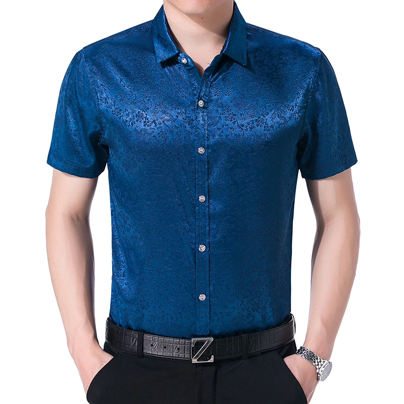 Летний модный дизайн Мужская шелковая рубашка мужская повседневная Цветочная рубашка с коротким рукавом Мягкая атласная шелковая Свадебная вечеринка рубашки