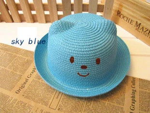[DINGDNSHOW] Новинка года; соломенная шляпа с рисунком; детская шапка с ушками; красивая шляпа с изображением солнца; однотонная шляпа для девочек и мальчиков - Цвет: sky blue child