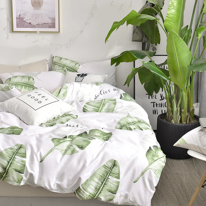 INS Style Green Plants Duvet Cover Set Queen Size Bedding Sets For Adults 100 Cotton Solid