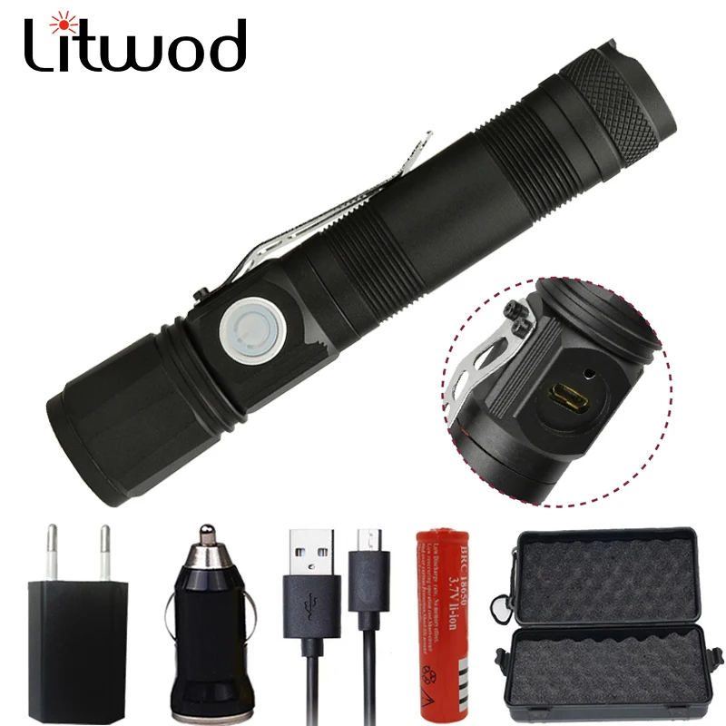 

Litwod Z201509 XML T6 Rechargeable LED flashlight 4000LM Led Zoomable torch Micro USB Charging Lantern nitecore gift box