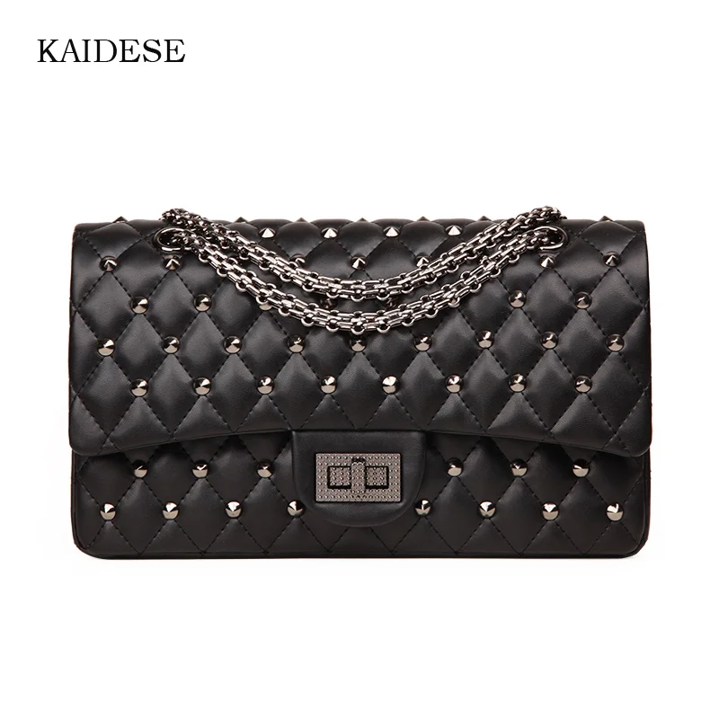 

KAIDESE 2017 new head layer leather shoulder bag rivet with diamond chain slanted side bag leather mini mini sachets