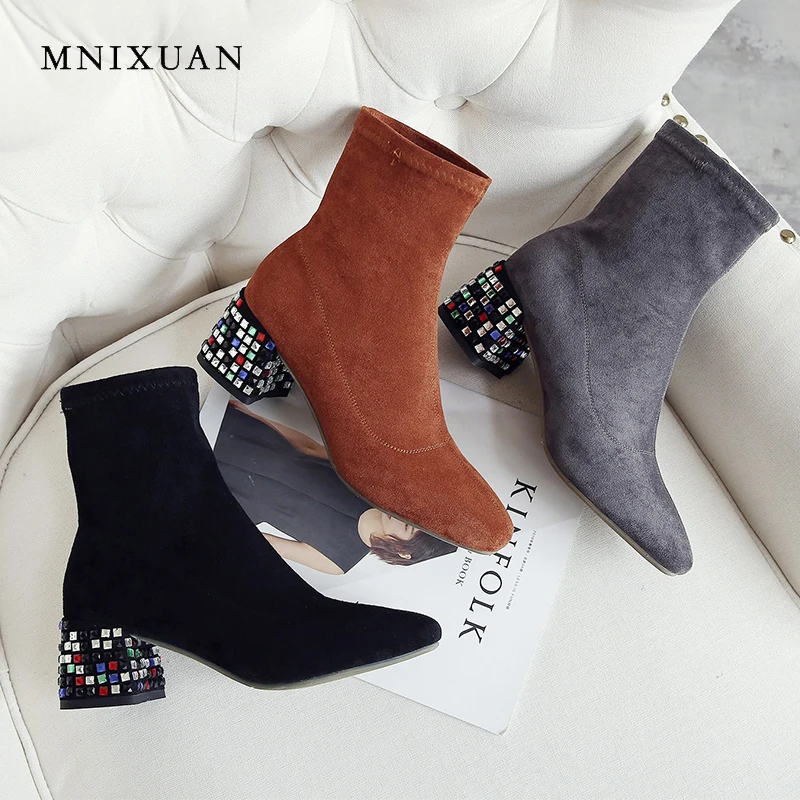 

MNIXUAN women shoes high heels 2018 antumn square toe suede shoes ankle boots short stretch boots with crystal black big size 9