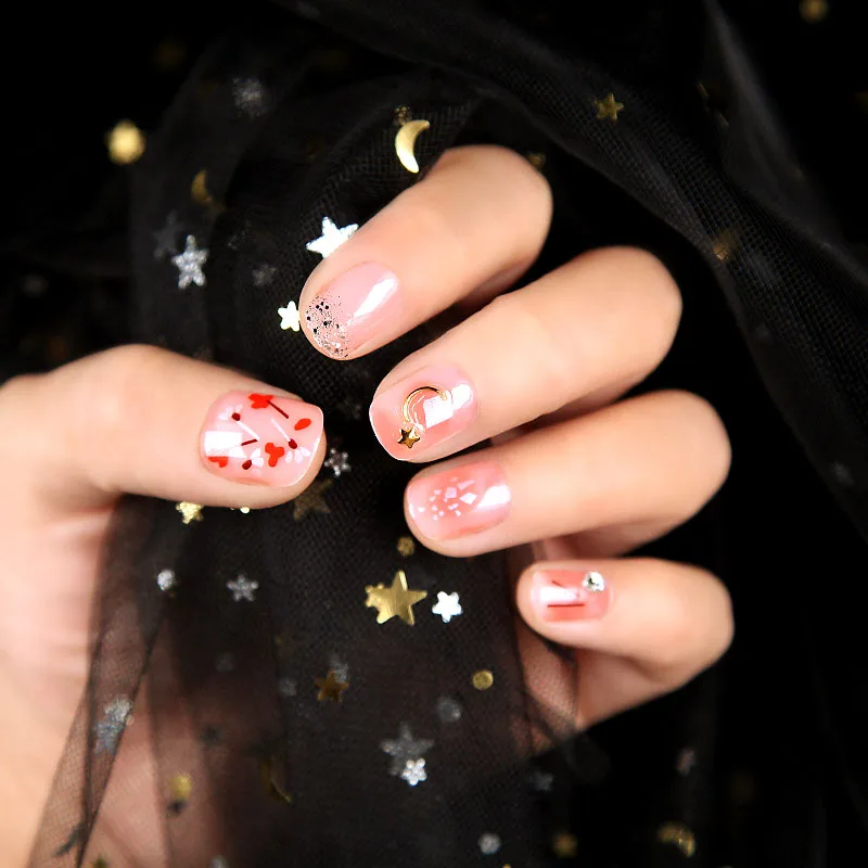 

Sweet Moon Star Metal 3D Pink Fake Nail Studs Rhinestone Beads Manicure Crystal Short Round Nail DIY Art Decoration With Glue