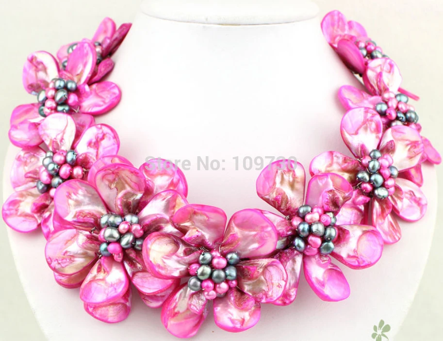 

Jewelry 00746 red MOP shell FW pearl flower necklace earrings set