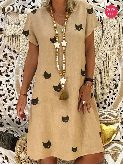

2019 Summer Women Dresses Casual Streetwar V-neck Short-sleeved Cat Printing Loose Dress Female Harajuku Style Cotton Dress 5XL