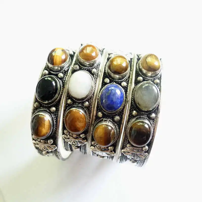

BB-116 Tibetan Silver inlaid Multi Labradorite Beads Open Cuff Bangles Tiger Eye Lapis Lazuli Nepal Vintage Jewelry
